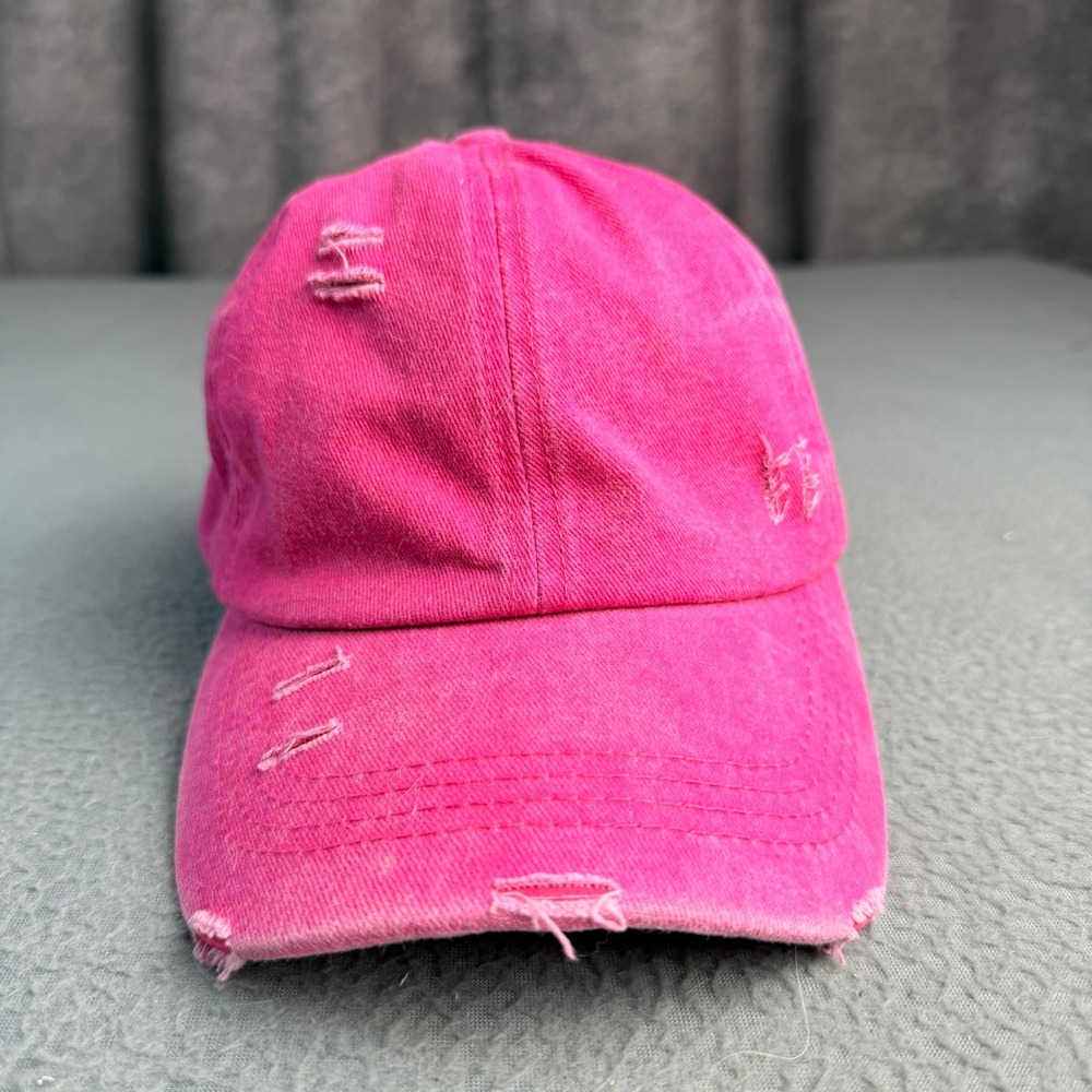 Hot Pink Distressed Ponytail Baseball Cap Criss Cross Back Cotton Hat